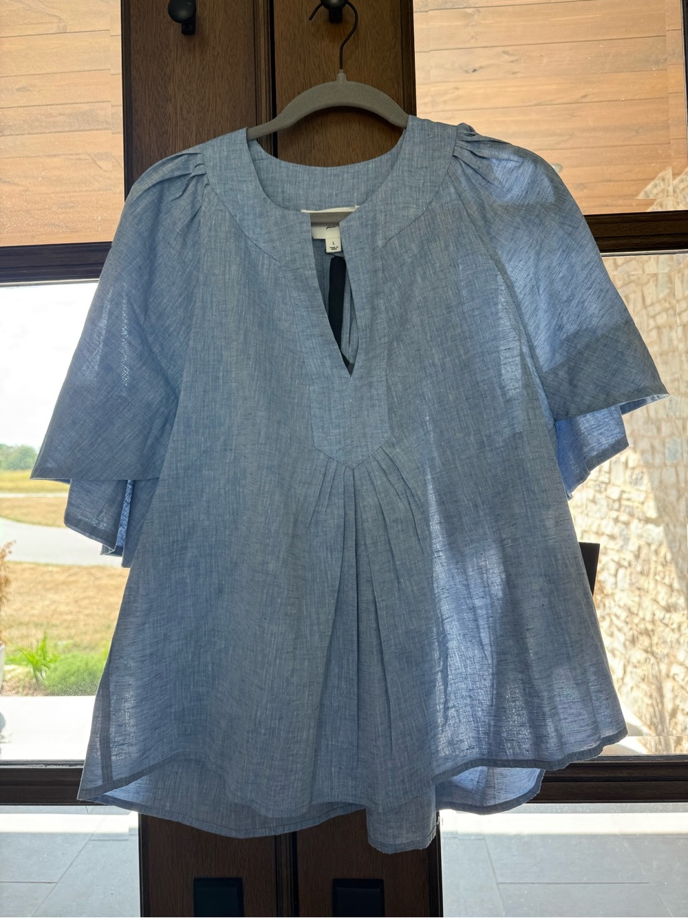 Tuckernuck Light Blue Pleated Flutter Sleeve Blouse
